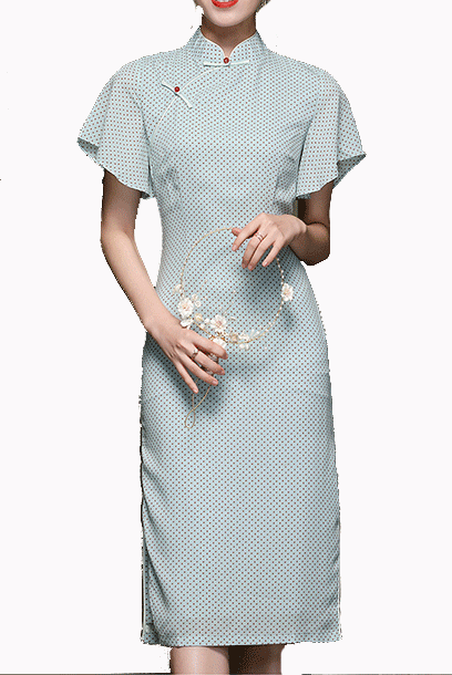 Bell Sleeves Blue Polka Dots Qipao Cheongsam