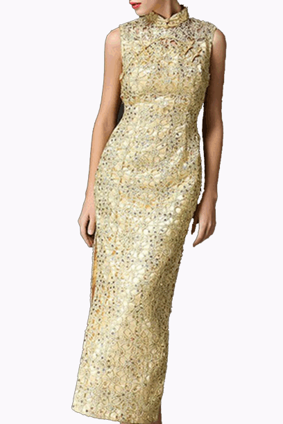 Gatsby Sleeveless Gold Sequin Maxi Cheongsam
