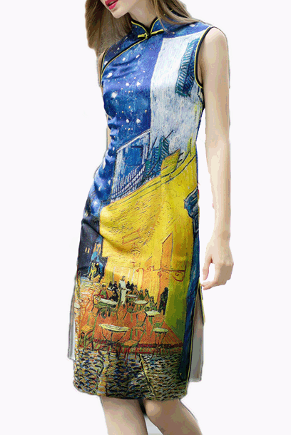Sleeveless Street Art Midi Cheongsam