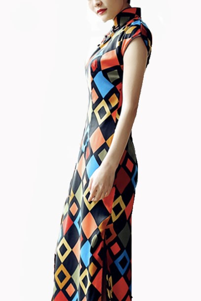 Raglan Sleeves Retro Geometric Prints Maxi Qipao Cheongsam