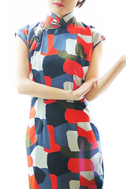 Raglan Sleeves Geometric Prints Chiffon Maxi Cheongsam