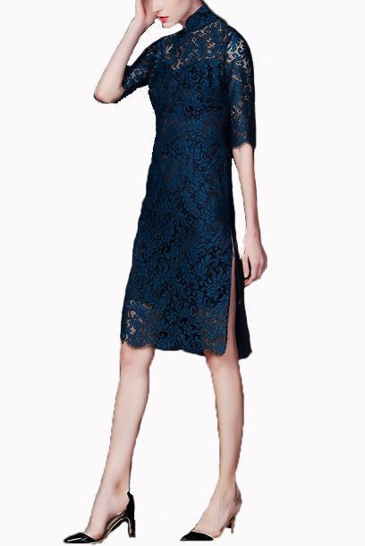 Short Sleeves Teal Lace Cheongsam