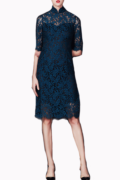 Short Sleeves Teal Lace Cheongsam