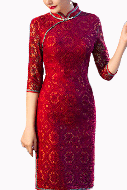 Elbow Sleeves Lace Embellished Cheongsam