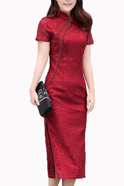 Short Sleeves Lace Midi Cheongsam