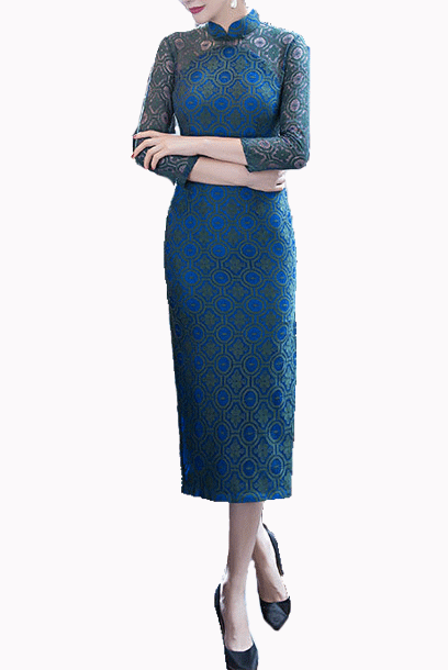 Short Sleeves Red Lace Midi Cheongsam