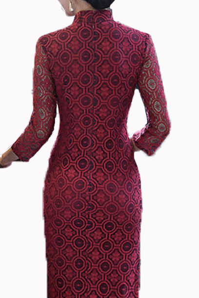 Short Sleeves Red Lace Midi Cheongsam