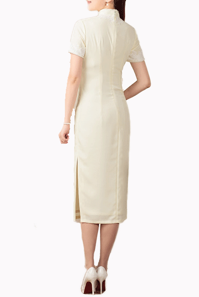 Short Sleeves Pearl Details Pastel Yellow Midi Cheongsam Qipao