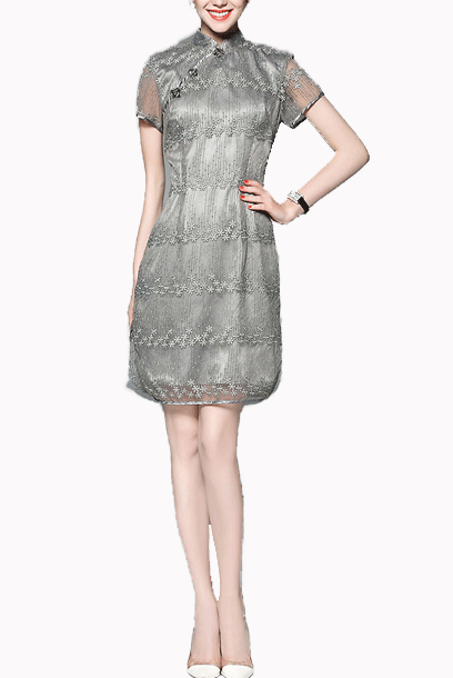 Short Sleeves Silver Floral Lace Qipao Cheongsam