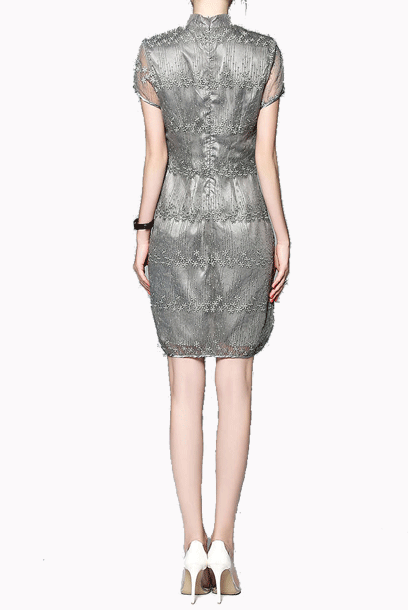 Short Sleeves Silver Floral Lace Qipao Cheongsam