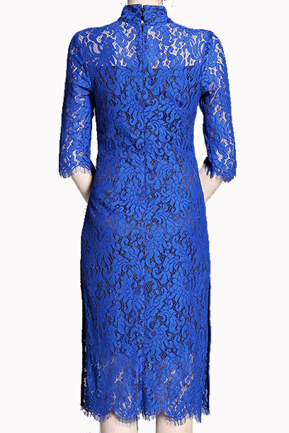 Short Sleeves Royal Blue Lace Cheongsam