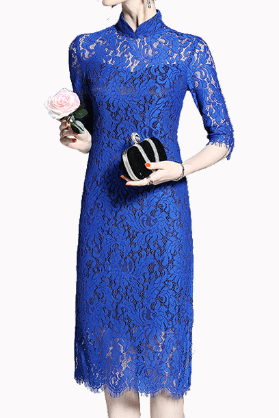 Short Sleeves Royal Blue Lace Cheongsam