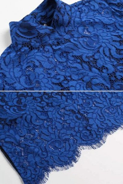 Short Sleeves Royal Blue Lace Cheongsam