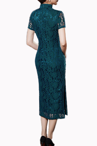 Short Sleeves Teal Lace Midi Cheongsam