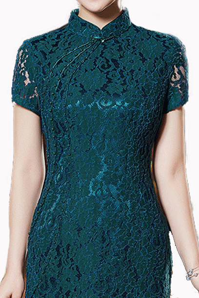 Short Sleeves Teal Lace Midi Cheongsam