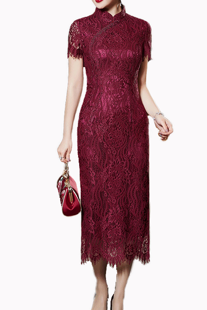 Short Sleeves Burgundy Lace Midi Cheongsam Qipao