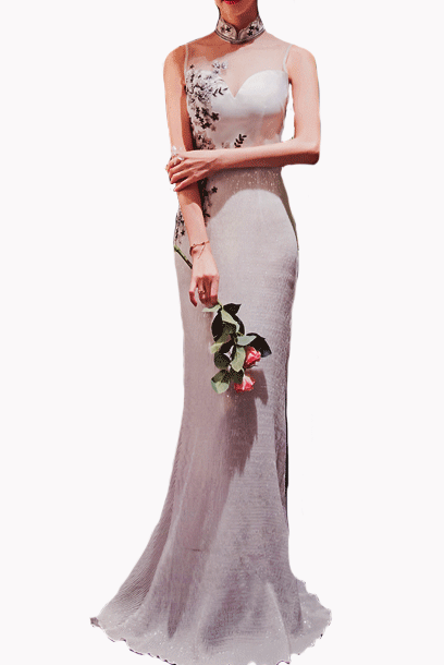 Sleeveless White Embroidered Sequin Cheongsam Evening Gown
