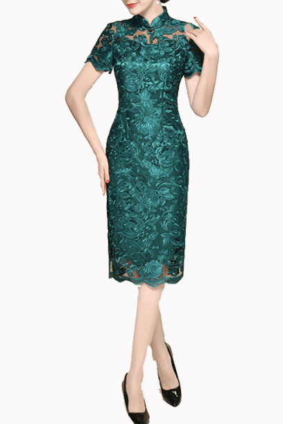 Short Sleeves Teal Lace Cheongsam