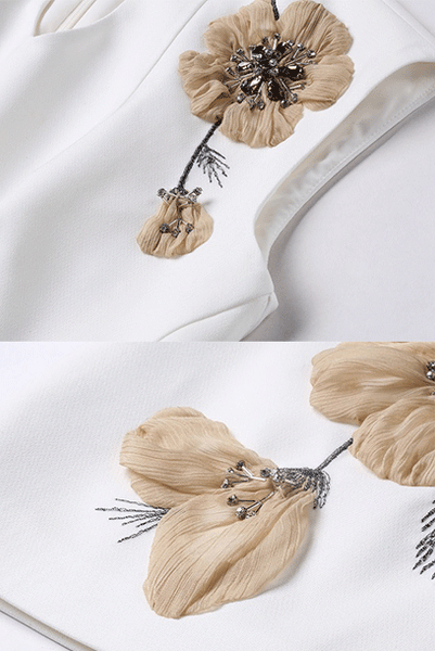 3D Floral V Neck White Modern Qipao Cheongsam Dress