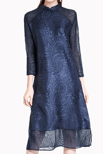 3/4 Sleeves Pleats Please Cheongsam Dress