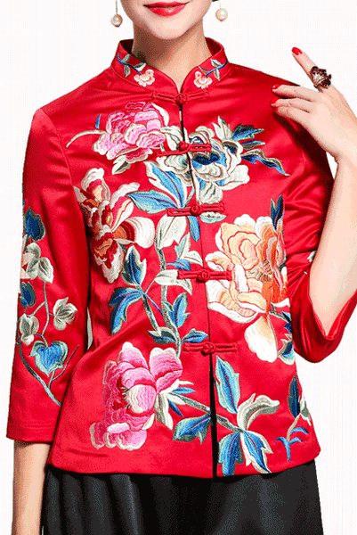 3/4 Sleeves Floral Embroidered Cheongsam Qipao Tang Top
