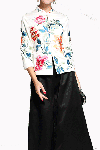 3/4 Sleeves Floral Embroidered Cheongsam Qipao Tang Top