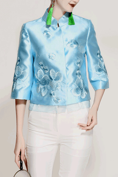 Elbow Sleeves Floral Embroidered Cheongsam Qipao Tang Top
