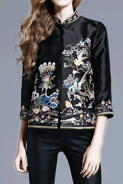Elbow Sleeves Embroidered Qipao Top