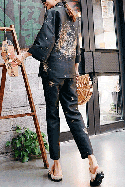 Bell Sleeves Kungfu Qipao Top + Pants Set