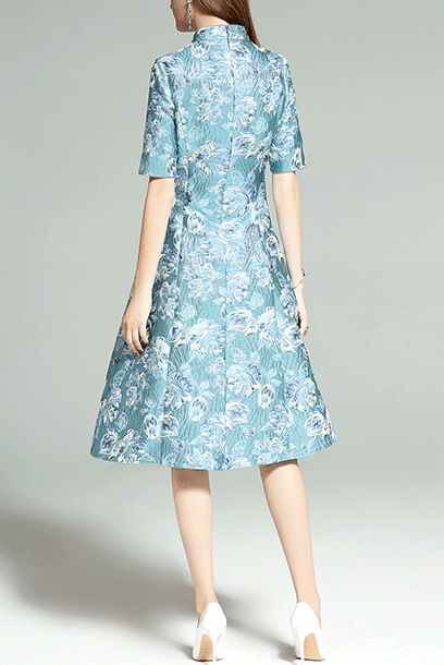 Elbow Sleeves Floral Jacquard Skater Cheongsam