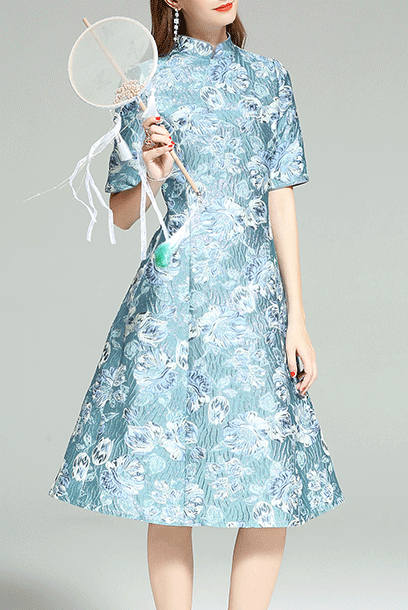 Elbow Sleeves Floral Jacquard Skater Cheongsam