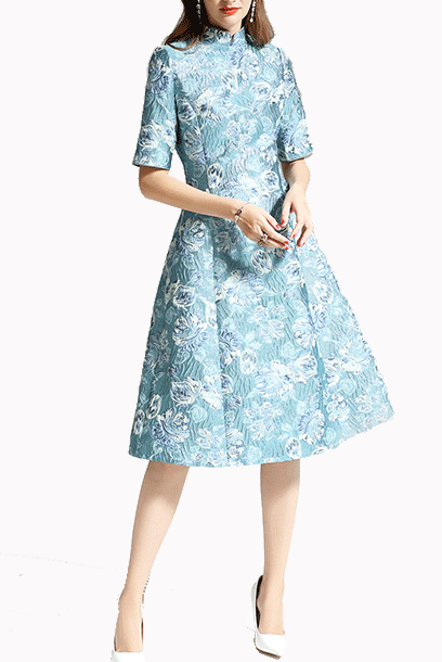 Elbow Sleeves Floral Jacquard Skater Cheongsam