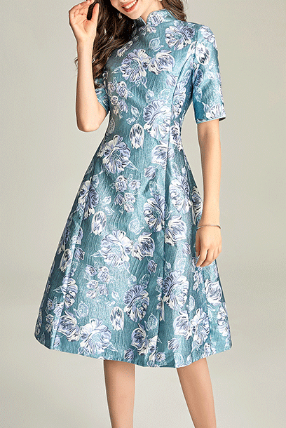 Elbow Sleeves Floral Jacquard Skater Cheongsam