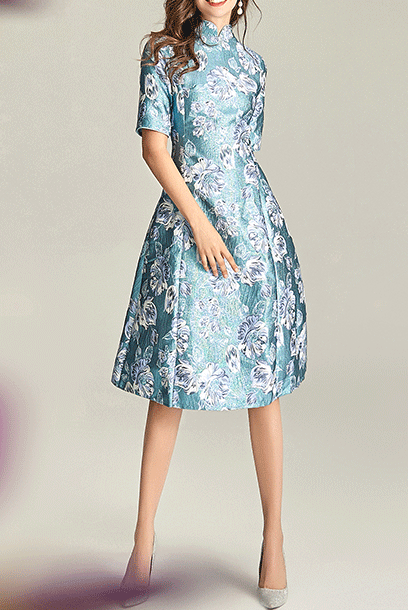 Elbow Sleeves Floral Jacquard Skater Cheongsam