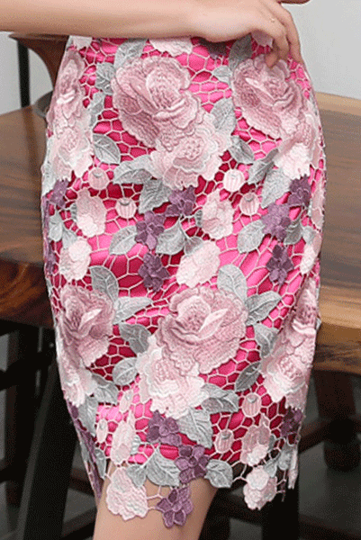 Cap Sleeves Pink Floral Lace Cheongsam