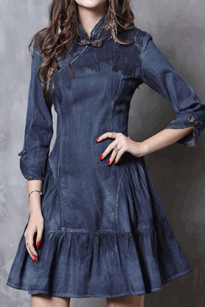 Elbow Sleeves Denim Cheongsam