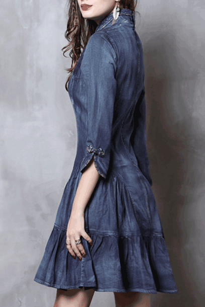 Elbow Sleeves Denim Cheongsam