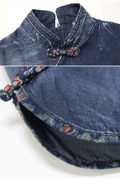 Elbow Sleeves Denim Cheongsam