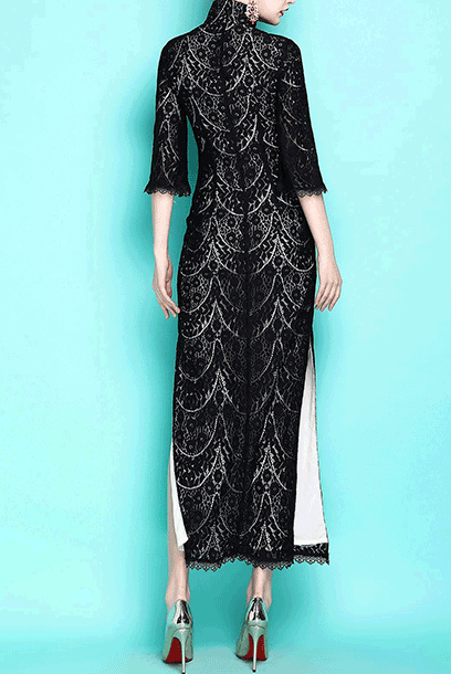 Elbow Bell Sleeves Black Lace Maxi Cheongsam