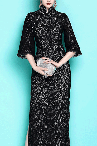Elbow Bell Sleeves Black Lace Maxi Cheongsam
