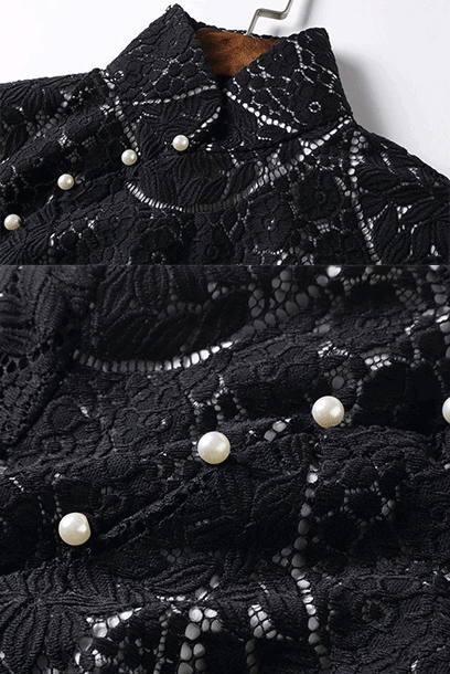 Elbow Bell Sleeves Black Lace Maxi Cheongsam