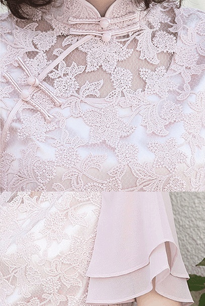 Bell Sleeves Pink Lace Cheongsam