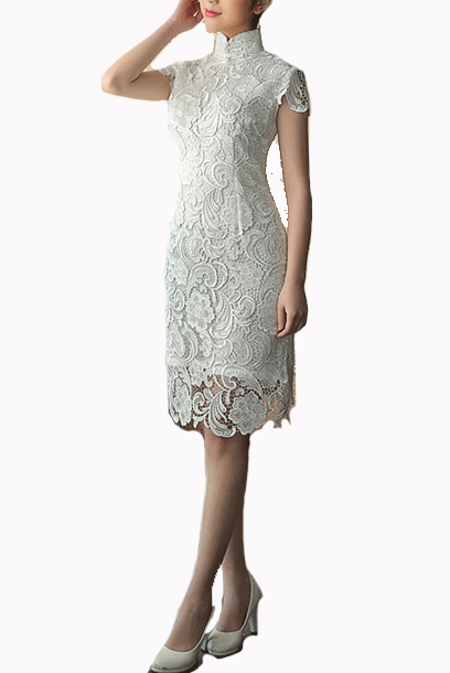 Cap Sleeves White Guipure Lace Bride Cheongsam Qipao