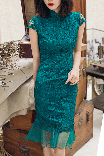 Cap Sleeves Teal Lace Cheongsam Qipao