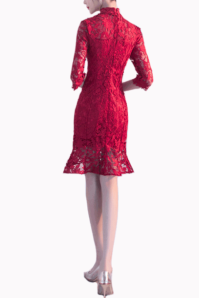 Elbow Sleeves Red Mermaid Hem Cheongsam Qipao