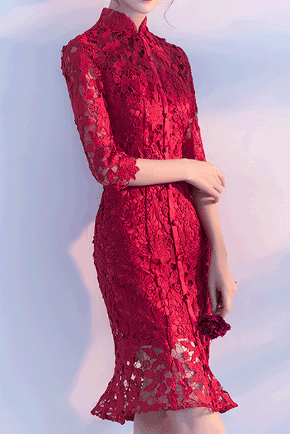 Elbow Sleeves Red Mermaid Hem Cheongsam Qipao