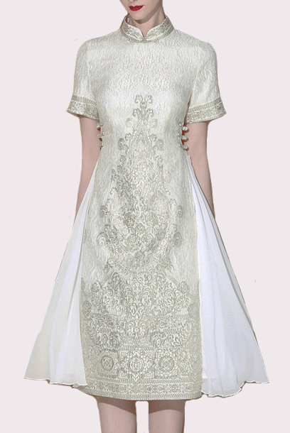 Short Sleeves Champagne Jacquard Qipao Cheongsam
