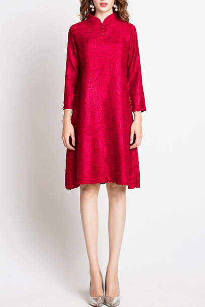 3/4 Sleeves Pleats Please Cheongsam Dress