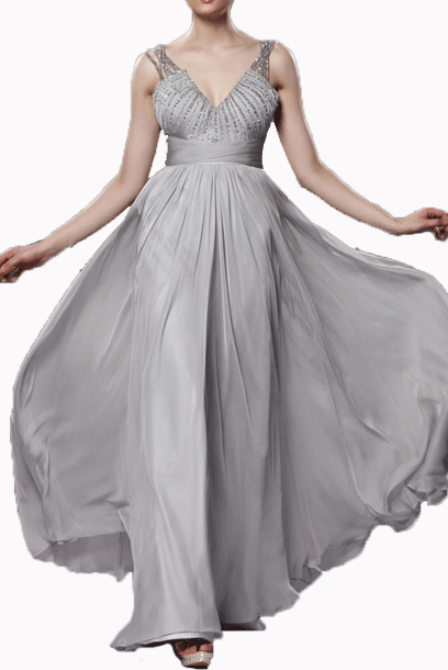 Embellished Straps V Neck Silver Evening Gown