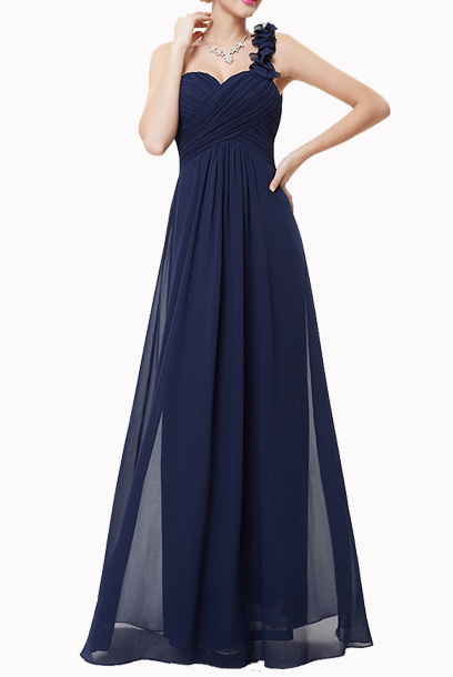 One Shoulder Petals Navy Evening Gown